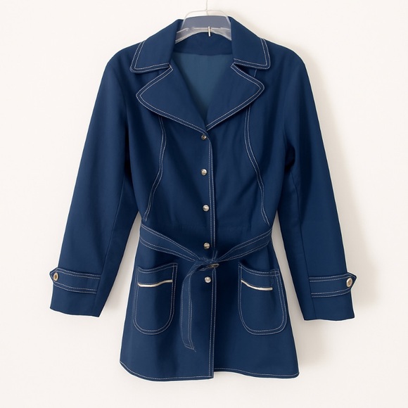 Vintage 60’s/70’s Navy Trench Coat with White Accents Parisian Chic Old Money - Picture 1 of 16